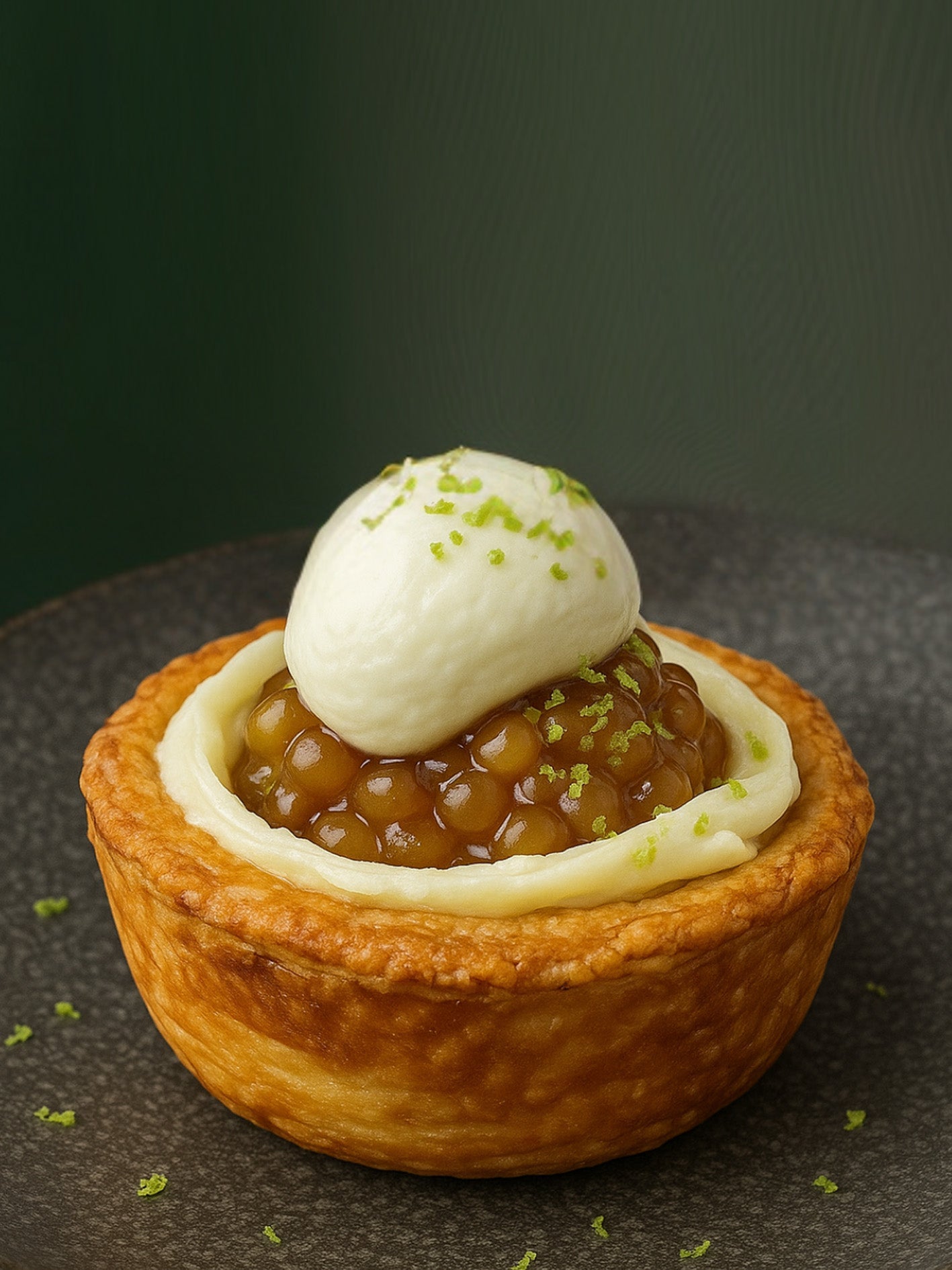 Dulce de Leche and Banana Tartlets with Tiger Purrr Pearls, Cream and Lime Zest