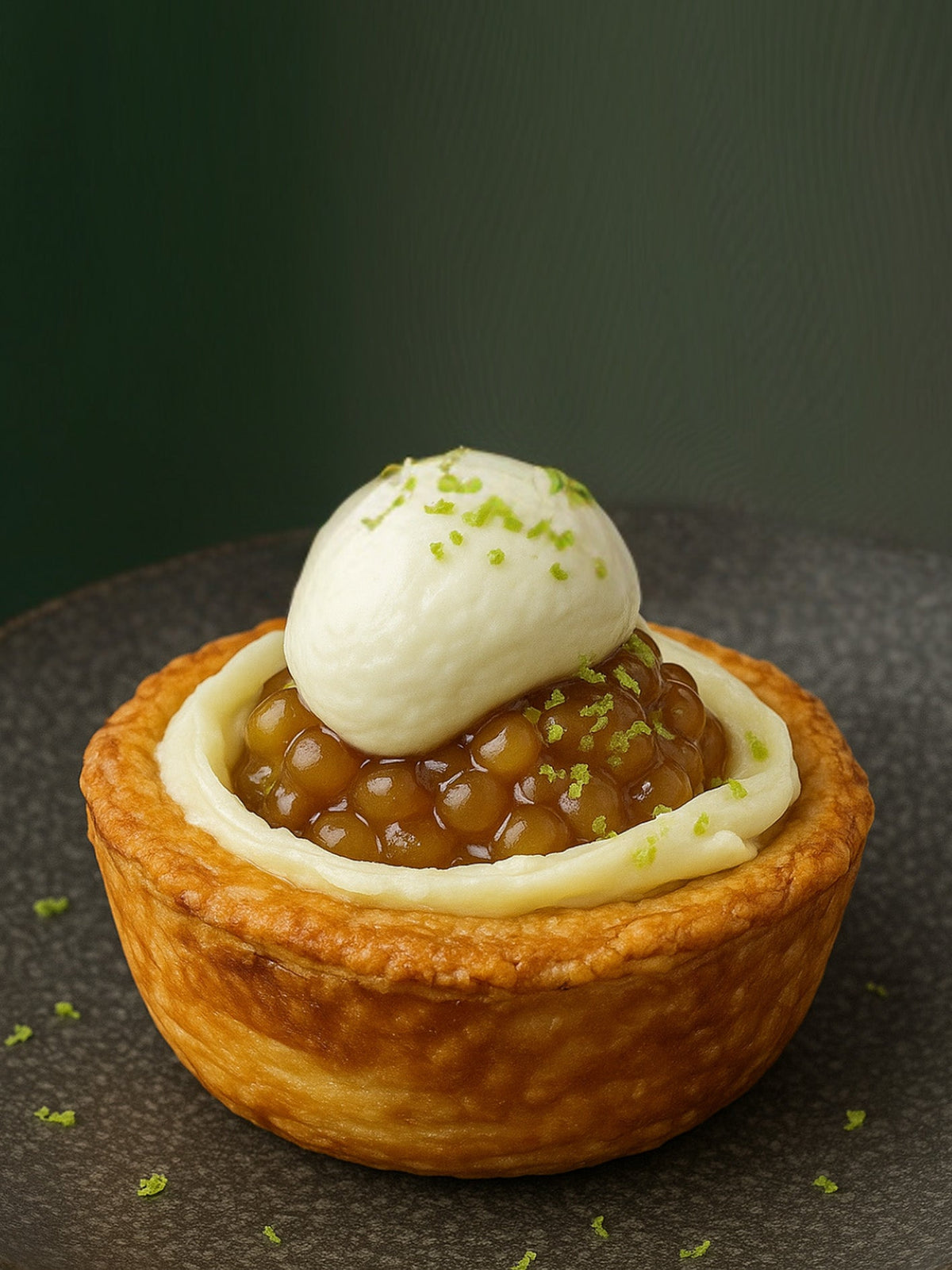 Dulce de Leche and Banana Tartlets with Tiger Purrr Pearls, Cream and